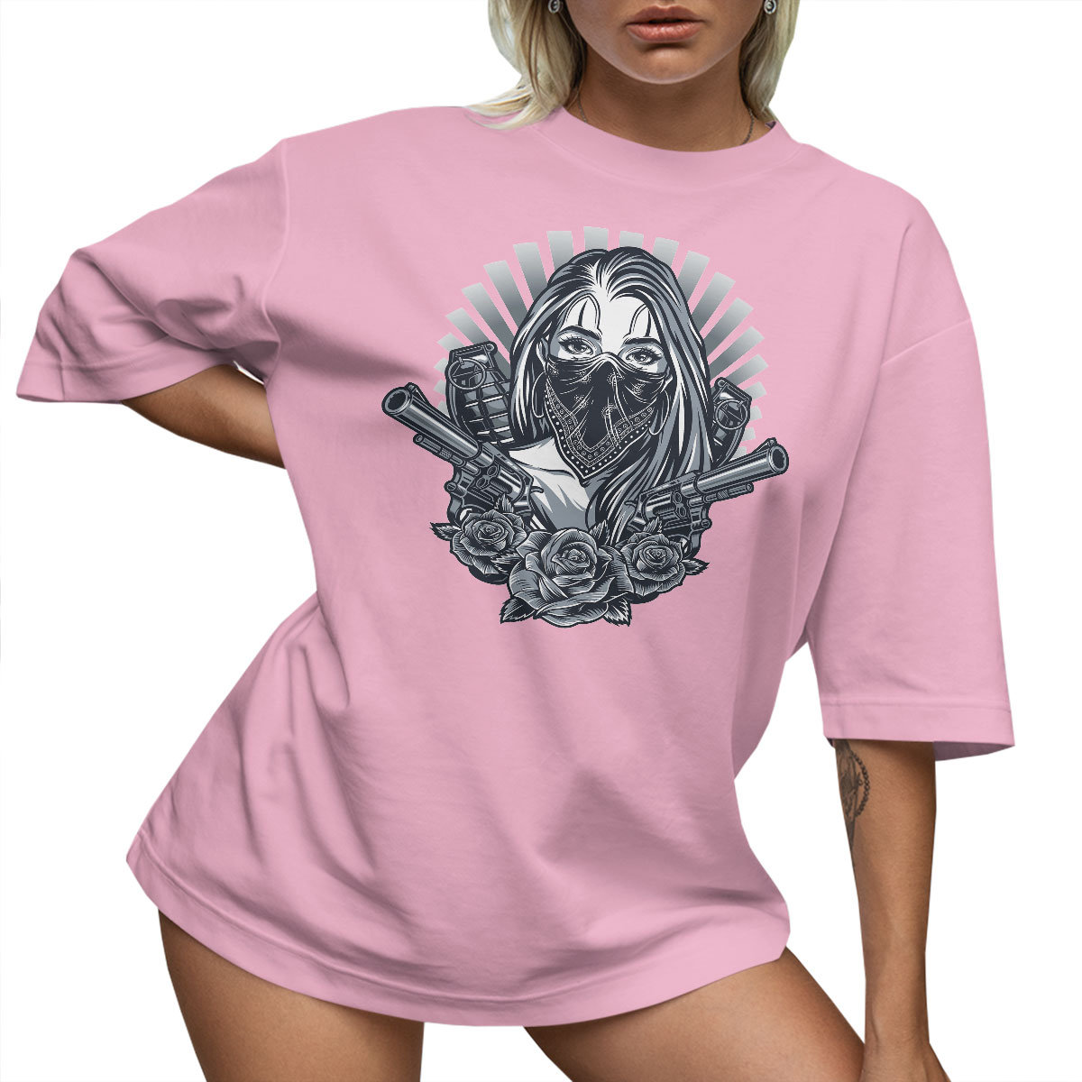 T-SHIRT OVERSIZE LU��NA KOSZULKA TATTOO R����E GUN XL SUKIENKA JAKO����