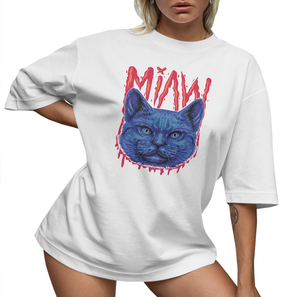 T-SHIRT OVERSIZE LU��NA KOSZULKA KOT MIAW NAPIS M SUKIENKA JAKO����