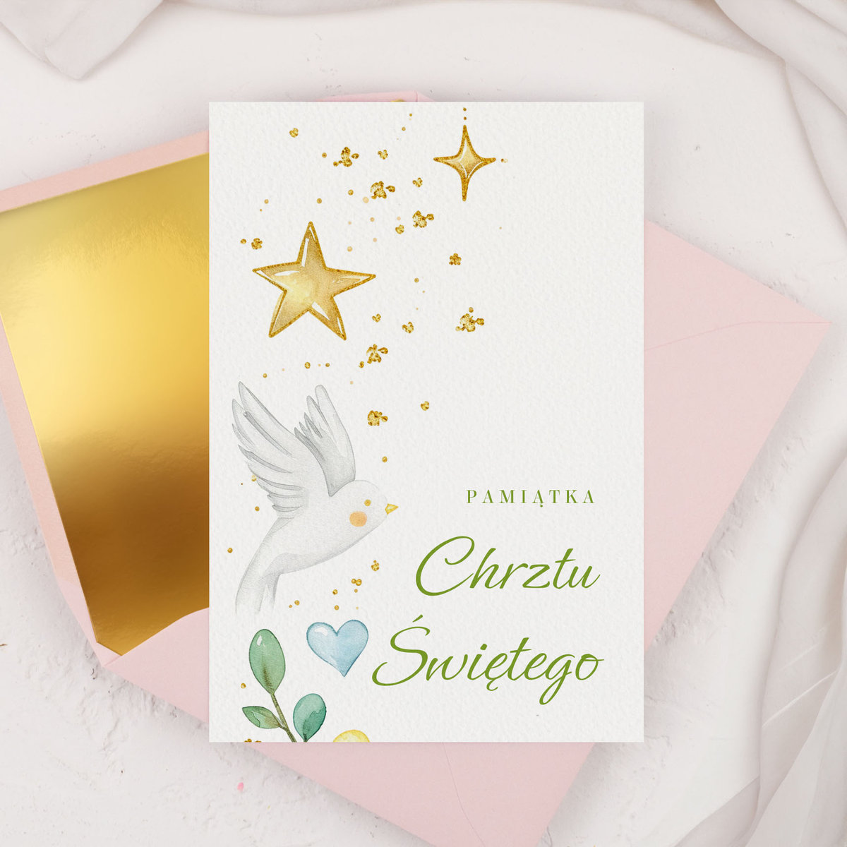 Kartka na Chrzest ��wi��ty z go����biem i gwiazdkami - Dove + koperta ozdobna