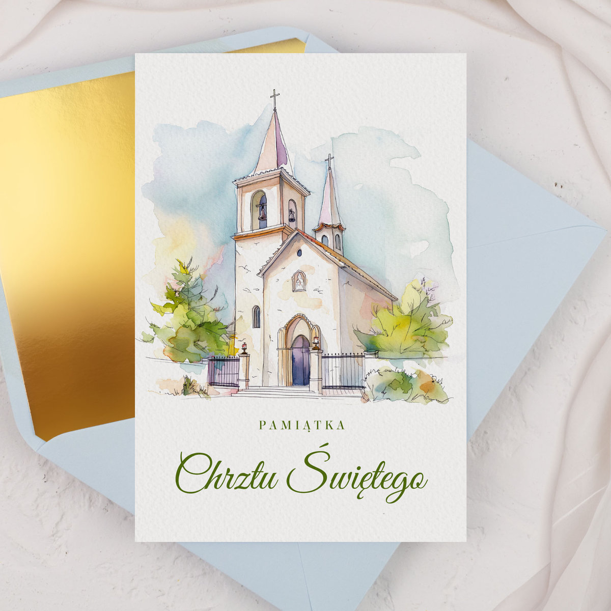 Kartka na Chrzest ��wi��ty z pastelowym ko��ci����kiem - Pastel Church + koperta ozdobna