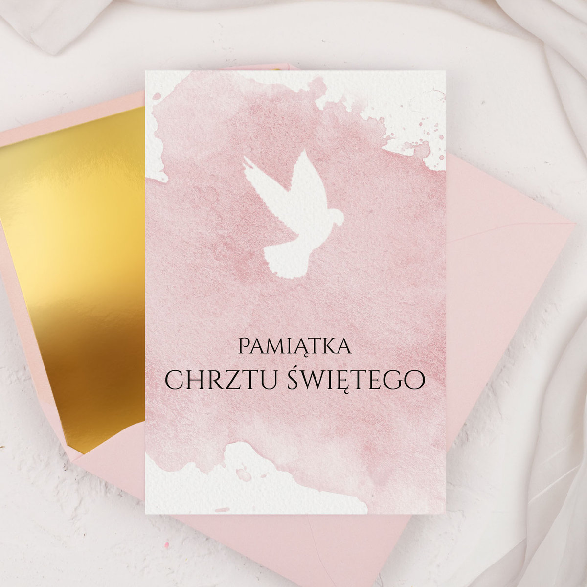 Kartka na Chrzest ��wi��ty z r����ow�� pastelow�� grafik�� i go����biem - Baby Pink + koperta ozdobna