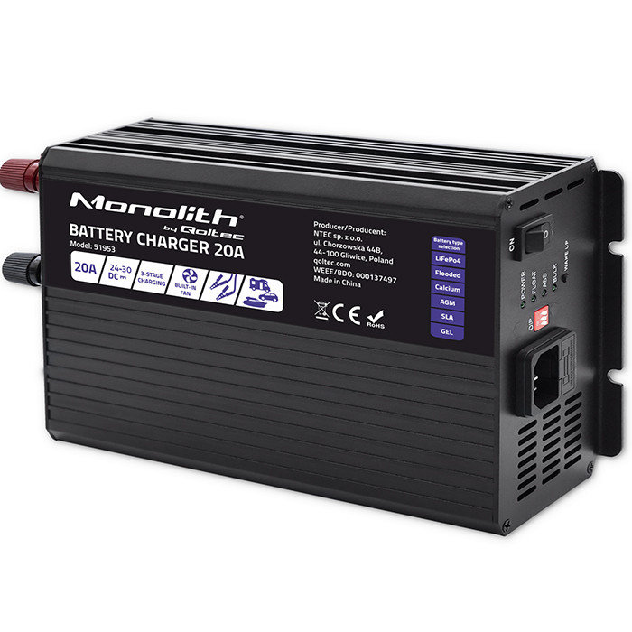 Qoltec Inteligentna ładowarka Monolith do akumulatorów LiFePO4 AGM GEL SLA 20A 24V