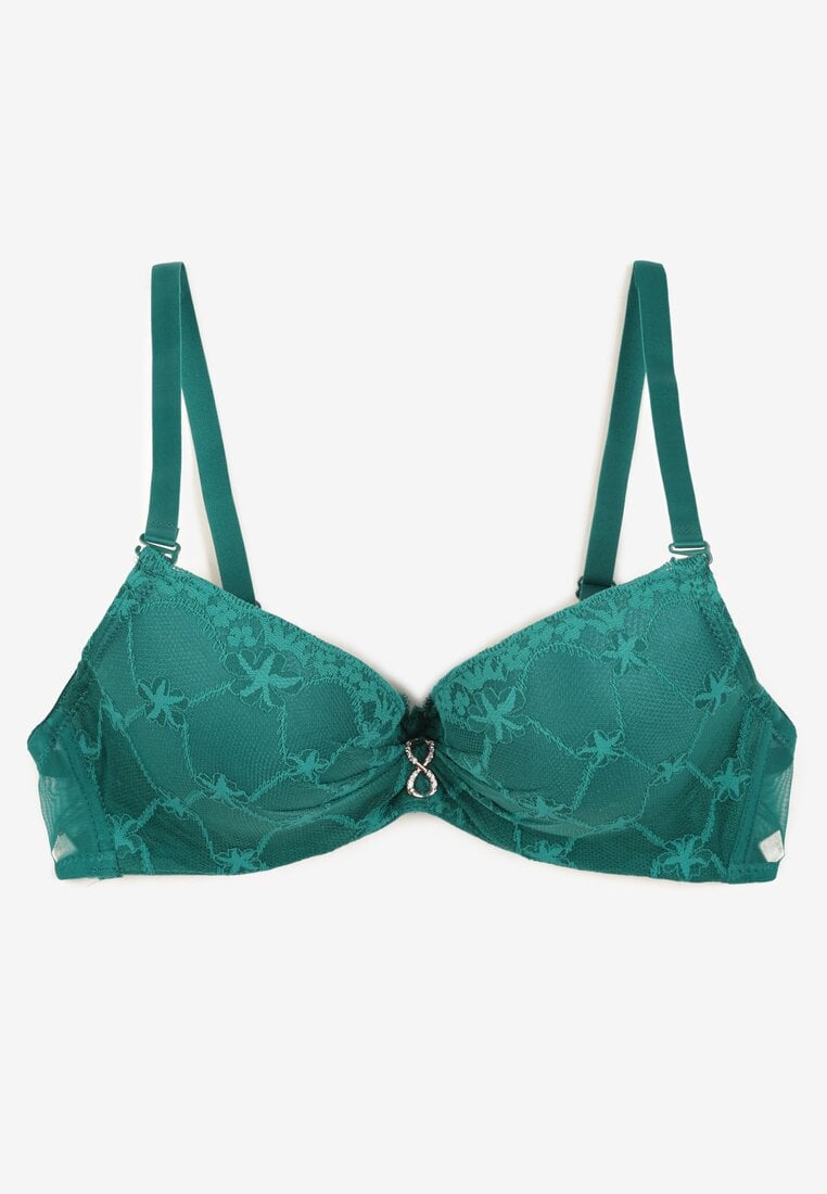 Ciemnozielony Koronkowy Biustonosz Push Up Ozdobiony Metaliczną Aplikacją Norithiel
