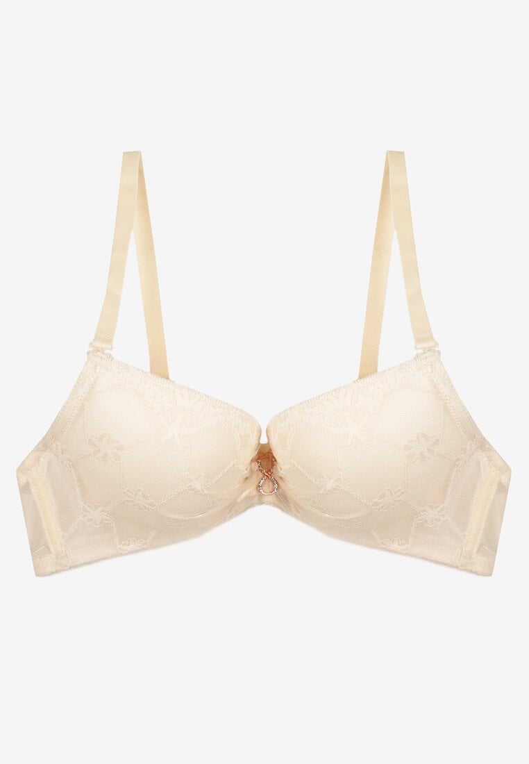 Jasnobeżowy Koronkowy Biustonosz Push Up Ozdobiony Metaliczną Aplikacją Norithiel