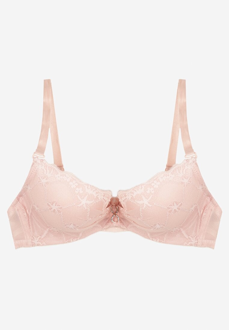 Różowy Koronkowy Biustonosz Push Up Ozdobiony Metaliczną Aplikacją Norithiel