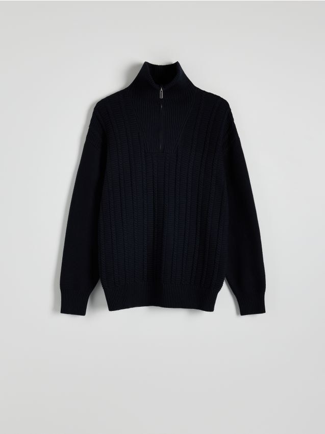 Reserved - Bawełniany sweter ze stójką - granatowy