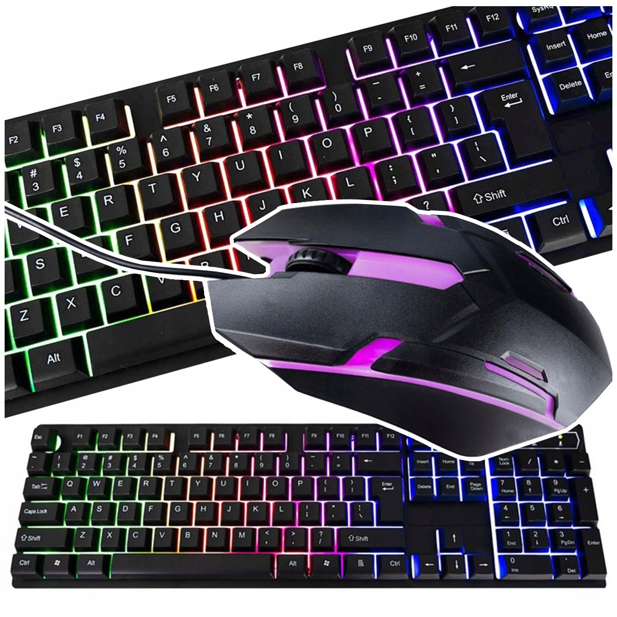 KLAWIATURA DLA GRACZY GAMINGOWA PODŚWIETLANA LED ZESTAW + MYSZ MYSZKA USB O232