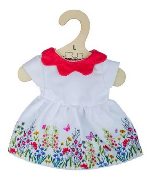 Bia��a sukienka w kwiatki z czerwonym ko��nierzykiem dla lalki 35 cm BigJigs Large BJD544
