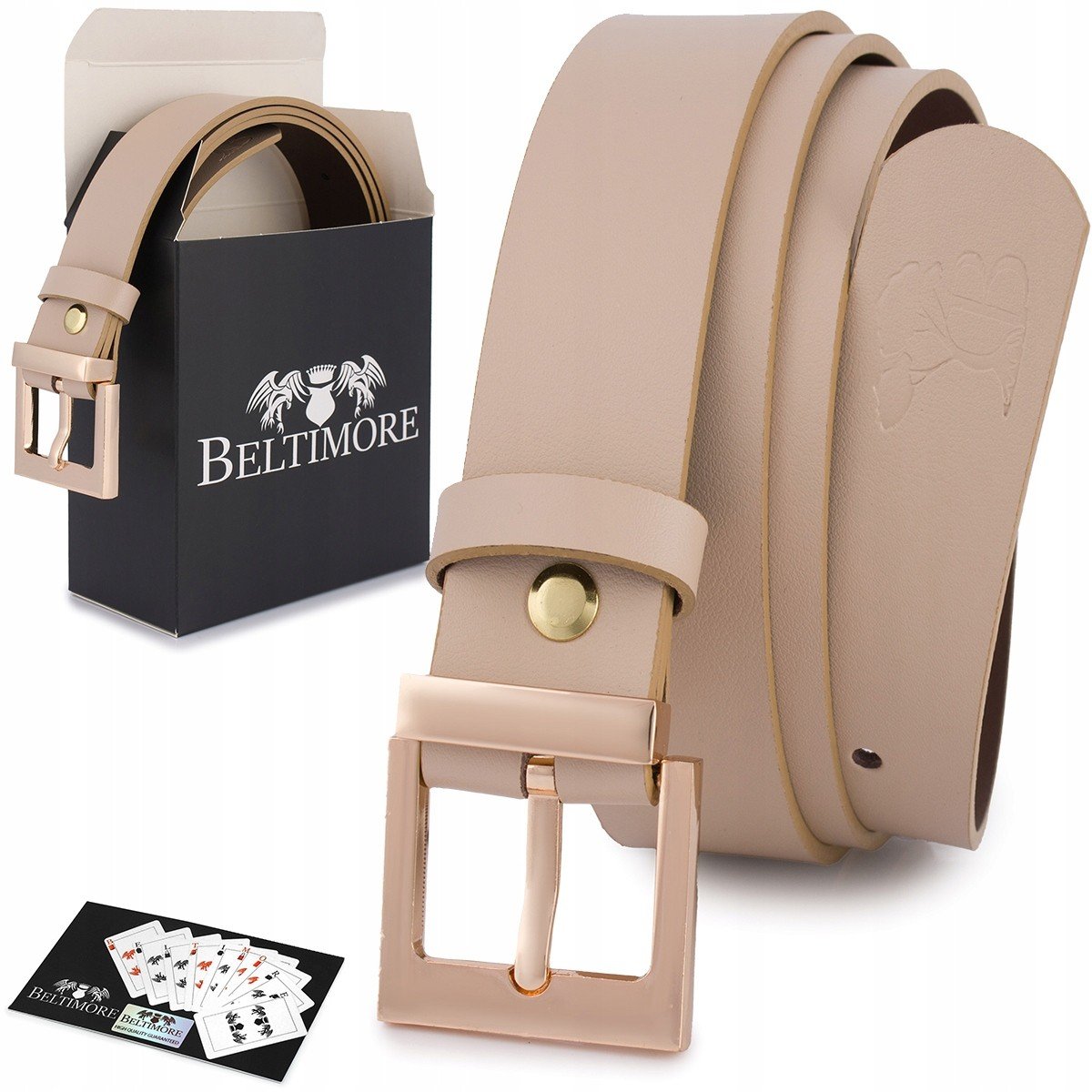 Skórzany pasek damski do spodni sukienki cielisty skóra nat 3 cm Beltimore D68 brązowy, beżowy r.110-125 cm