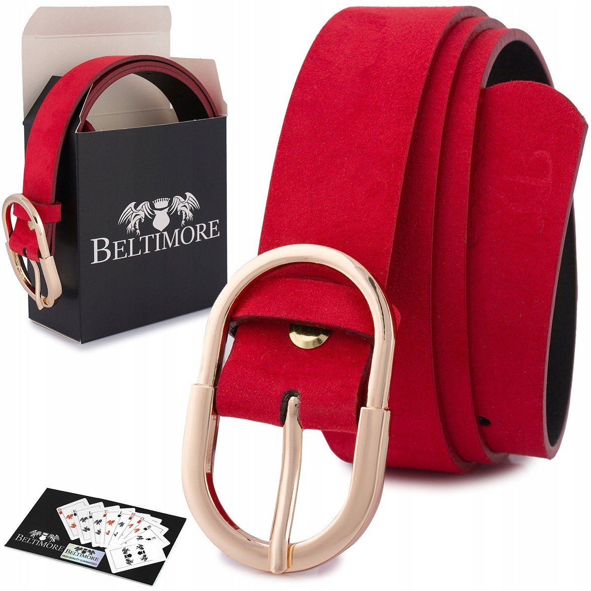 Skórzany pasek damski do spodni sukienki czerwony skóra nat. zamszowa 3 cm Beltimore E51 czerwony r.110-125 cm