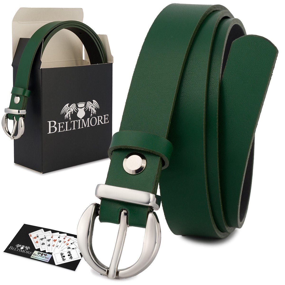 Skórzany pasek damski do spodni sukienki zielona skóra nat 1,8 cm Beltimore O22 zielony r.105-120 cm