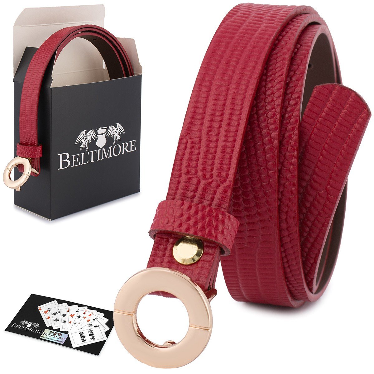 Skórzany pasek damski do spodni sukienki czerwona skóra nat 1,8 cm Beltimore O15 czerwony r.110-125 cm