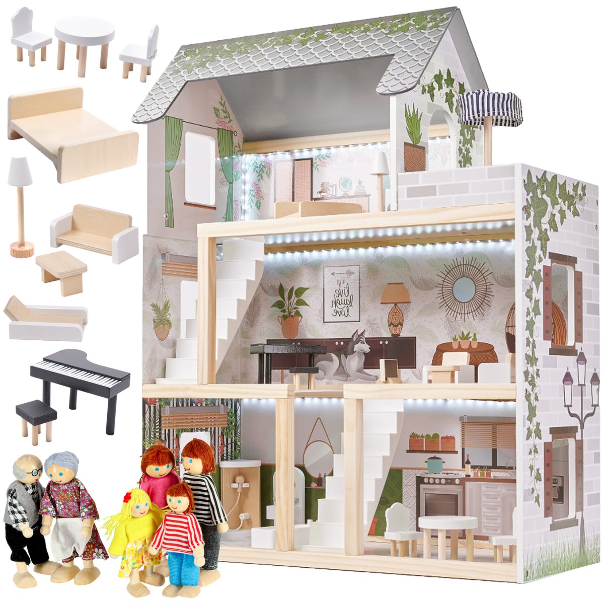 DOMEK DLA LALEK DREWNIANY BOHO MEBELKI + LALKI LALECZKI 6 SZT. ZESTAW XL