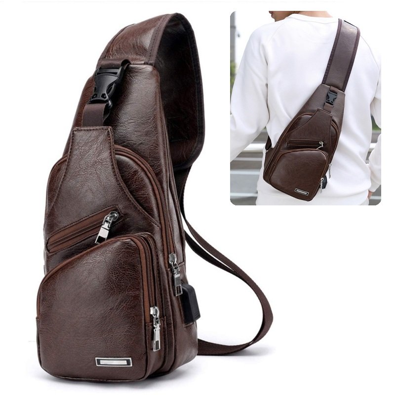 SASZETKA TORBA MĘSKA NERKA NA RAMIĘ PLECAK BOX USB BRĄZ