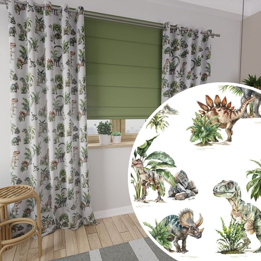 Gotowa zasłona do pokoju dziecka na taśmie, Dinozaury kolor zielony, rozmiar 140x250 cm