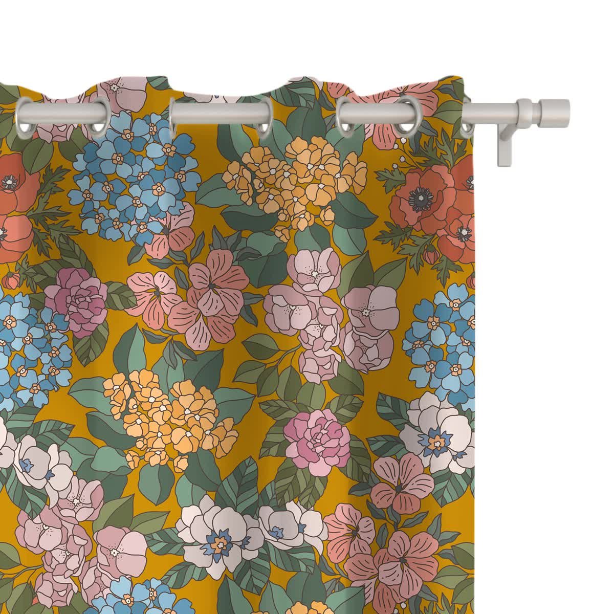 Zasłona FLORAL wzór F37 | letnie kwiaty na musztardowym tle 150 x 260 cm tkanina zaciemniająca