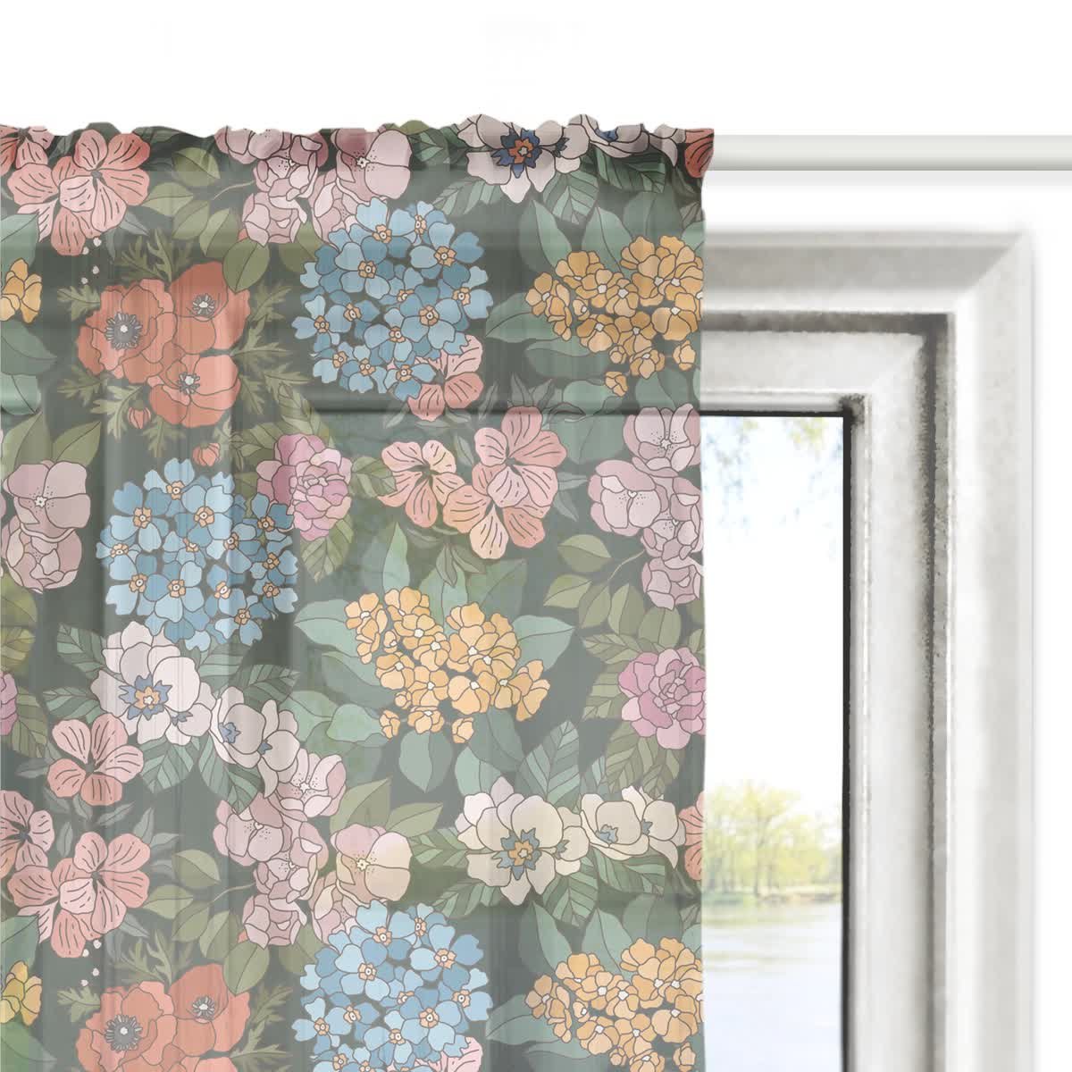 Firana FLORAL wzór F40 | letnie kwiaty na ciemnym tle 140 x 200 cm