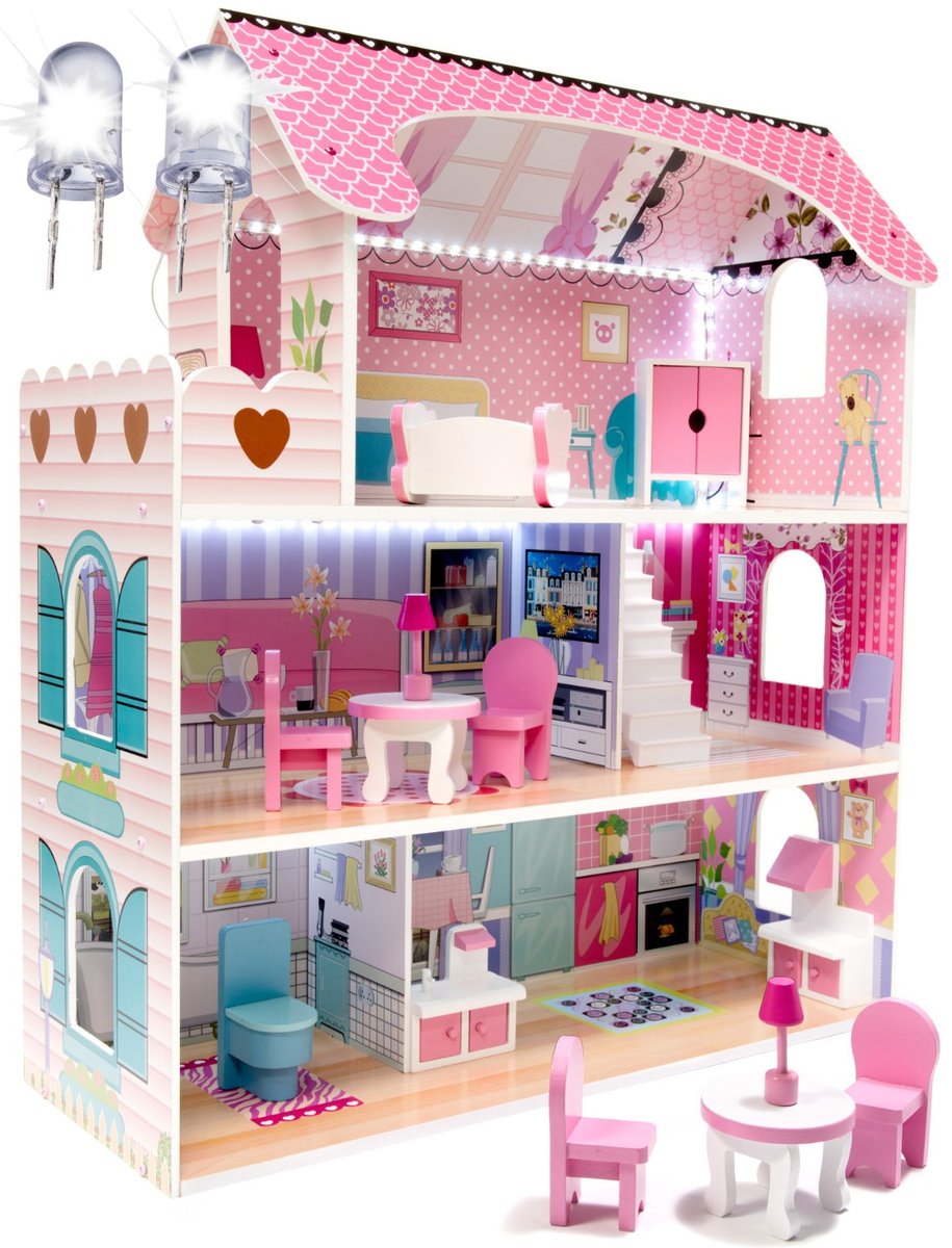 DREWNIANY Domek dla Lalek PINK domki dla dzieci LED 70cm