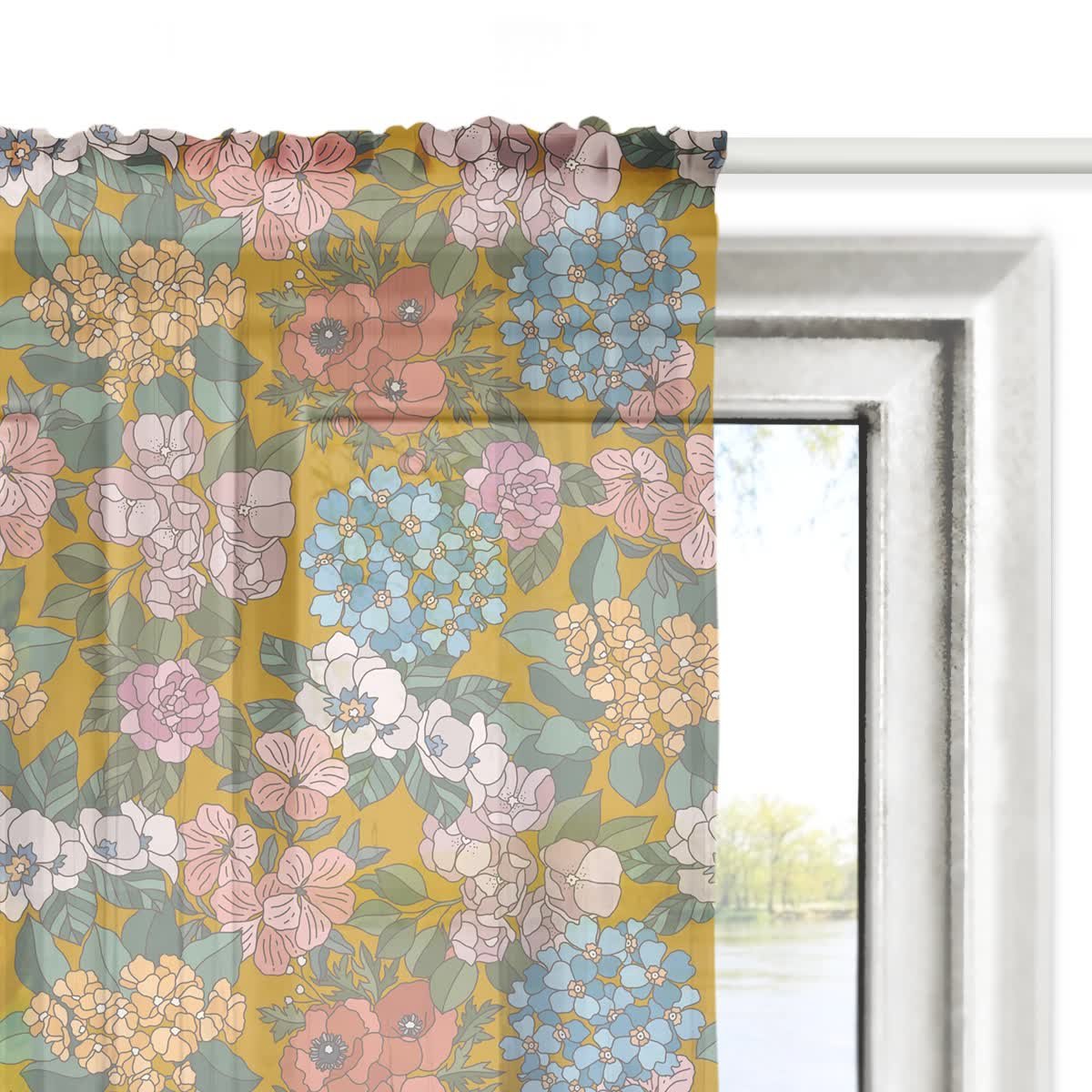 Firana FLORAL wzór F37 | letnie kwiaty na musztardowym tle 140 x 260 cm