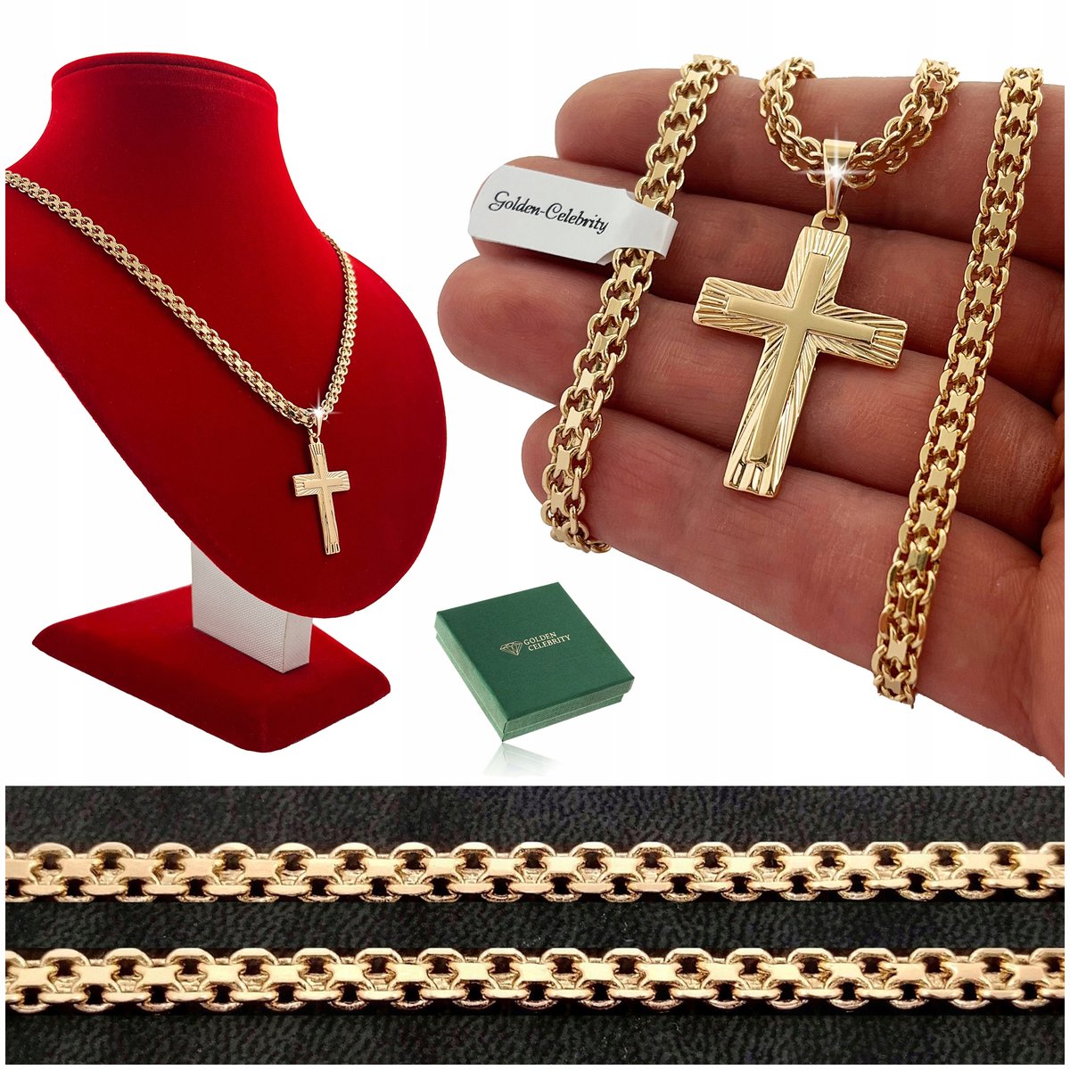 Złoty Łańcuszek Męski Bismark+Krzyżyk 18K 60 Cm Prezent Dla Niego + Gratisy