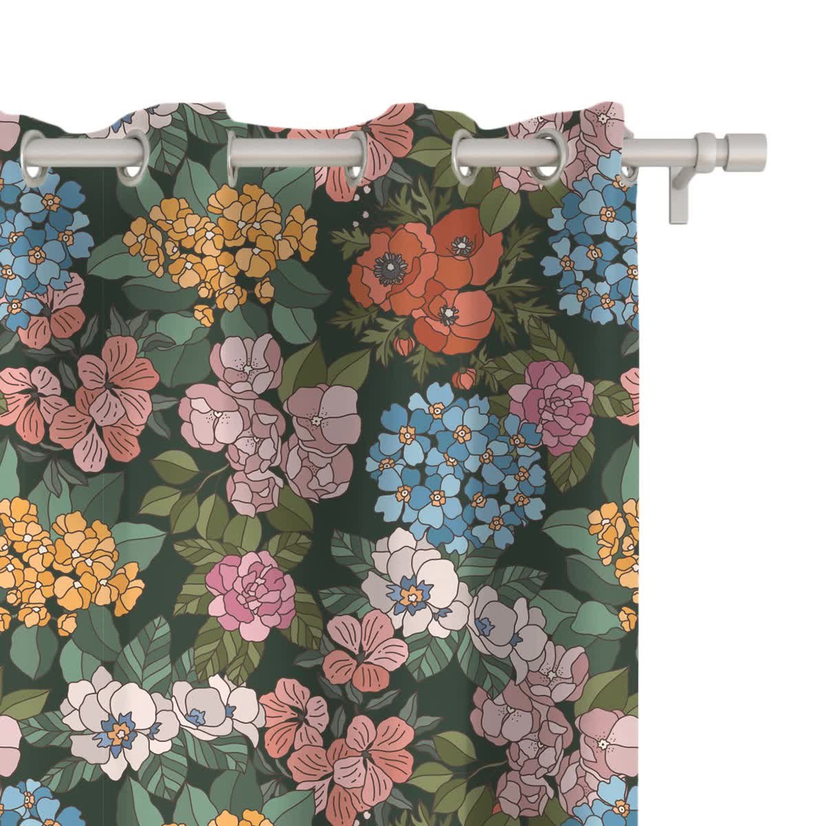 Zasłona FLORAL wzór F40 | letnie kwiaty na ciemnym tle 150 x 160 cm tkanina zaciemniająca