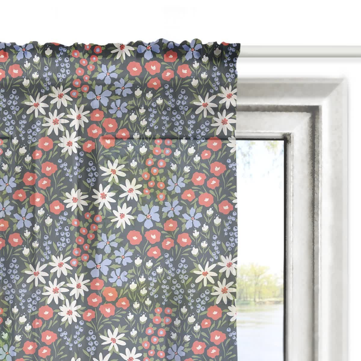 Firana FLORAL wzór F38 | rabata w odcieniach czerwieni i błękitu 140 x 280 cm