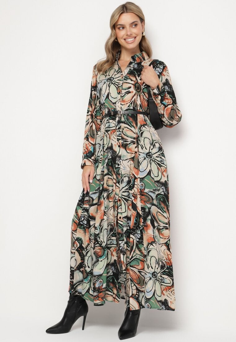 Czarna Koszulowa Kwiatowa Sukienka z Wiskozy Ozdobiona Guzikami Enanoris