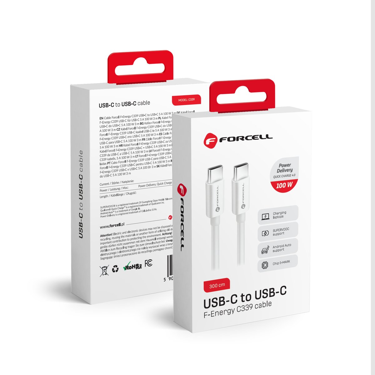 FORCELL kabel USB-C - USB-CQC4.0 5A/20V PD100W C339 3m biały