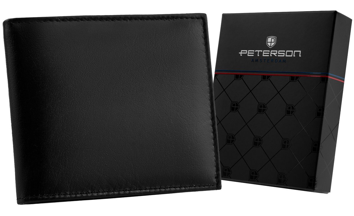 Mały klasyczny portfel męski ze skóry naturalnej czarny elegancki na karty ochrona antykradzieżowa PETERSON
