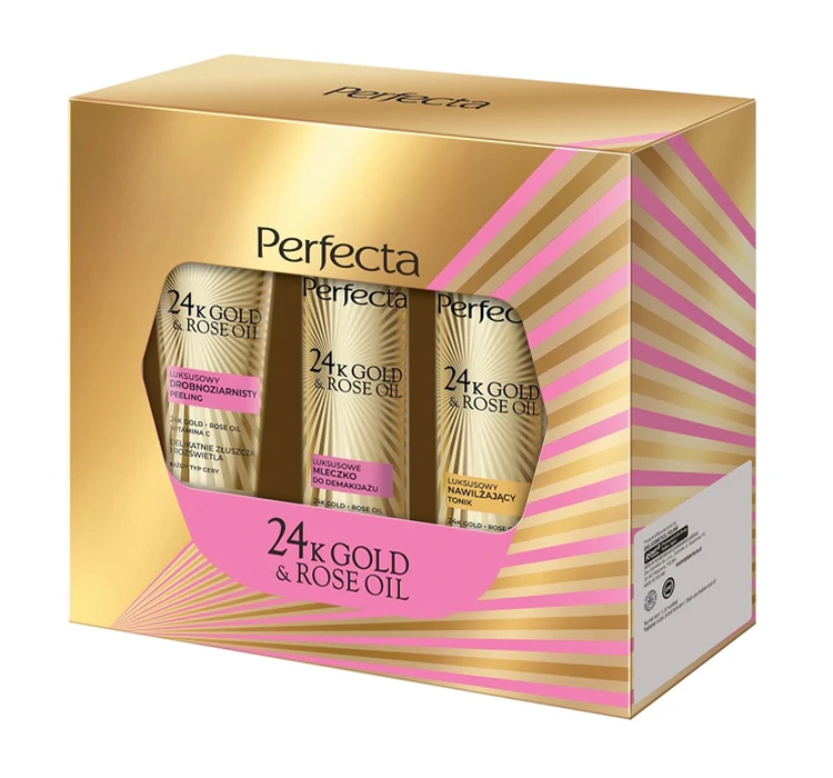 Perfecta 24k Gold & Rose Oil zestaw kosmetyków peeling + mleczko do demakijażu + tonik