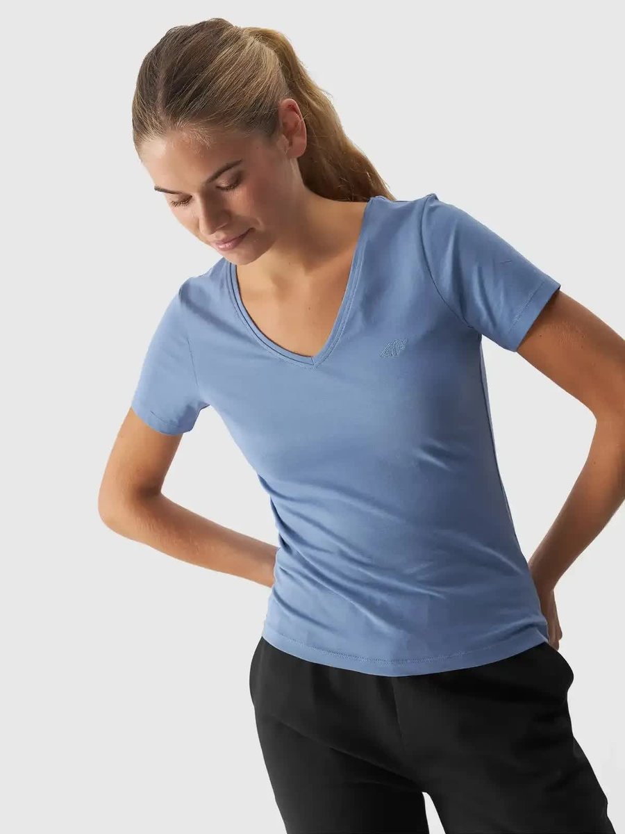T-shirt slim gładki damski 4F 4FWAW24TTSHF1649-32S Niebieski
