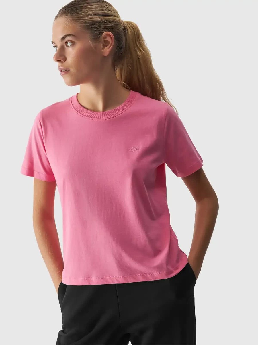 T-shirt regular gładki damski 4F 4FWAW24TTSHF1650-54S Różowy