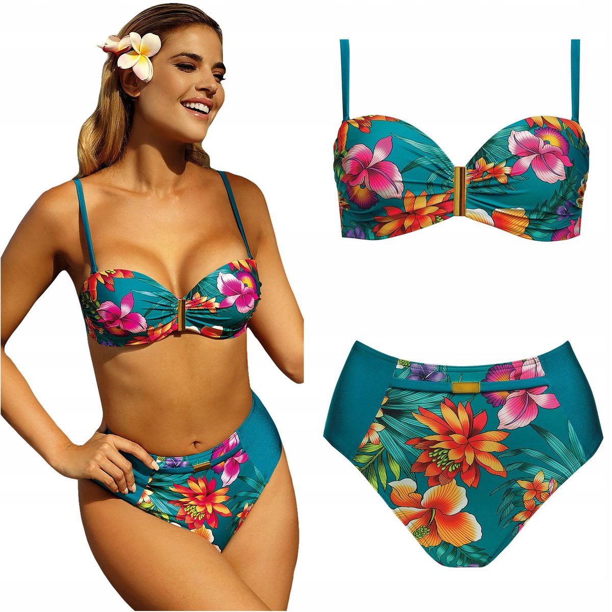 Strój kąpielowy dwuczęściowy wysoki stan SELF 730 M22 Floral 38E M 70E