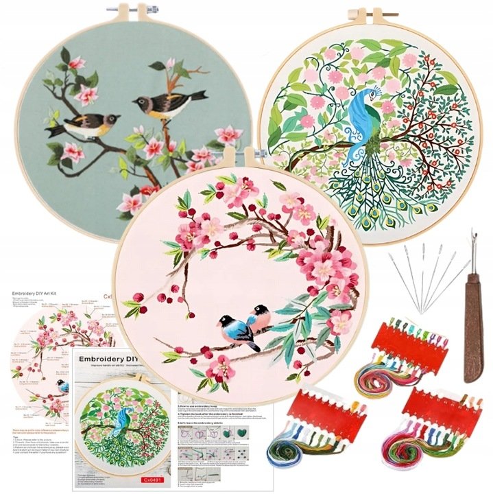 Zestaw do haftowania wyszywania haftu DIY mulina ptaki gotowe wzory 3 szt.