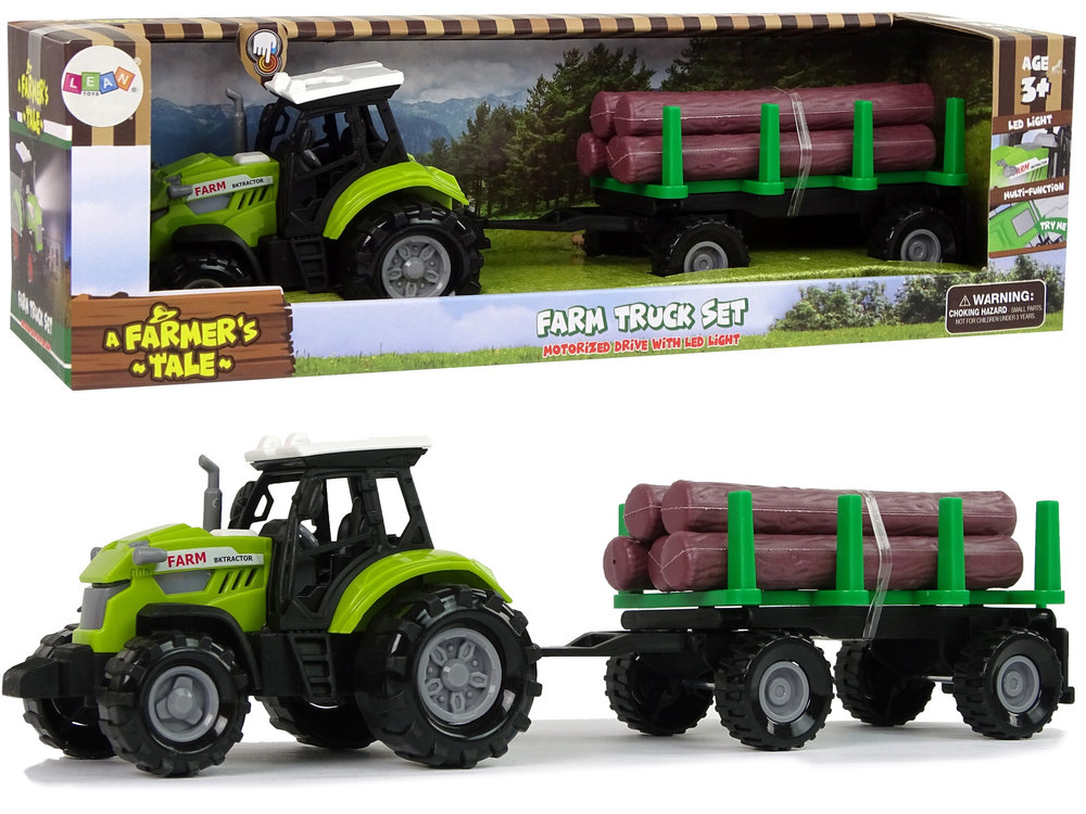 TRAKTOR ZIELONY PRZYCZEPA BALE DREWNA FARMA DŹWIĘK