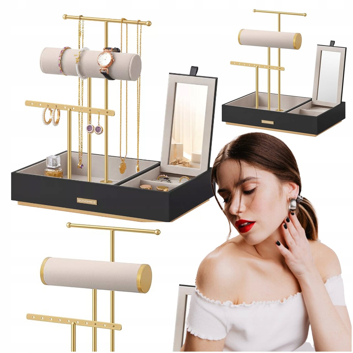 Szkatułka na biżuterię zegarki organizer elegancki Stojak z LUSTERKIEM