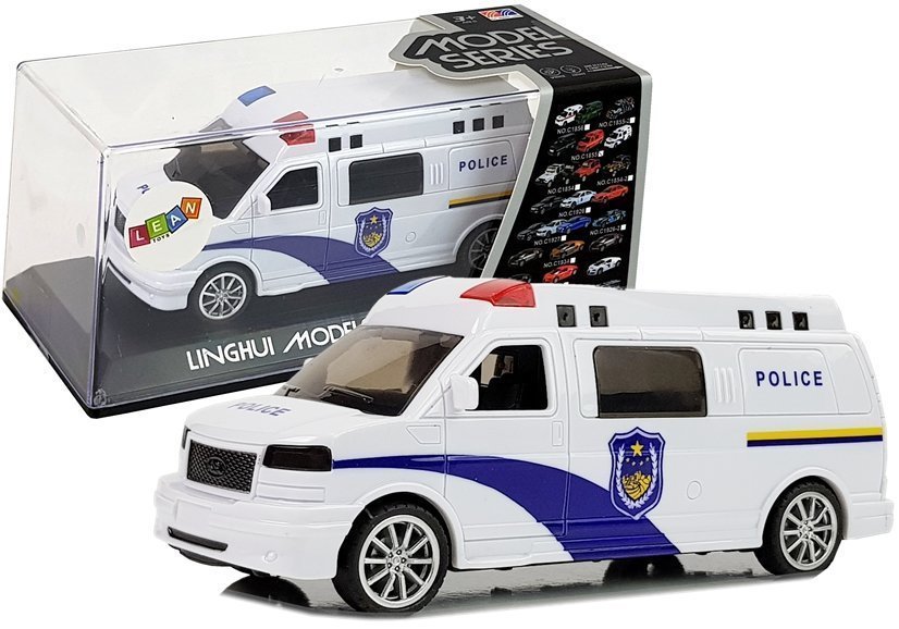 BIAŁĘ AUTO POLICJA ZE ŚWIATŁAMI I DŹWIĘKIEM Z NACIĄGIEM