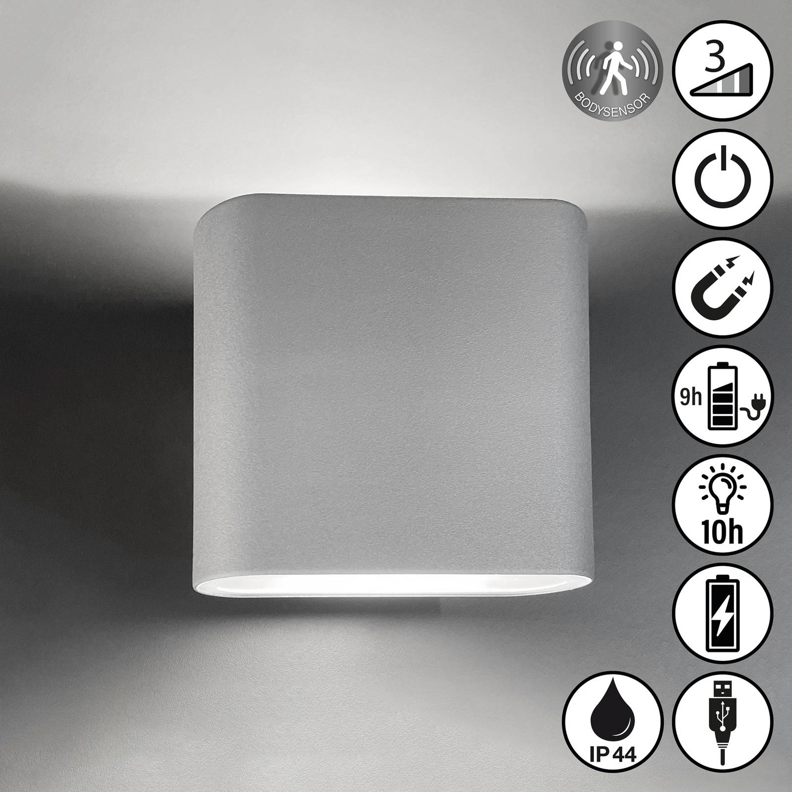 FH Lighting Akumulatorowa lampa ścienna LED Magnetics, srebrna, góra & dół, szerokość