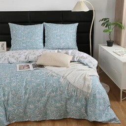 Spod Igły I Nitki Pościel satynowa 160x200 biała błękitna liście S040 I14