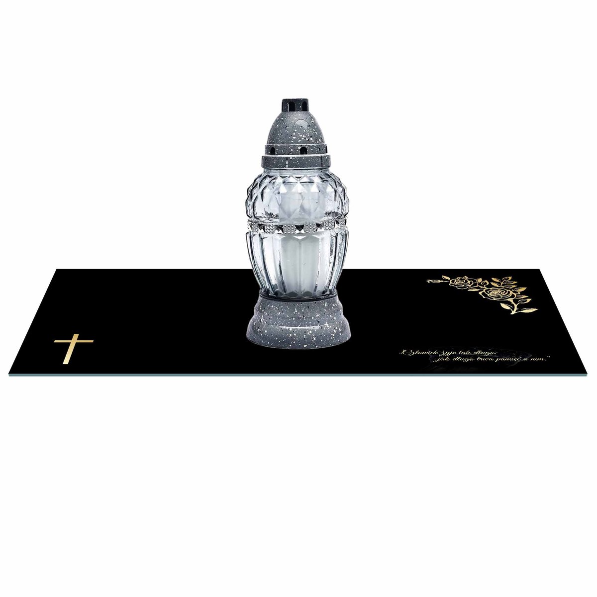SZKLANA PODSTAWKA POD ZNICZE 60x20cm 490c + napis