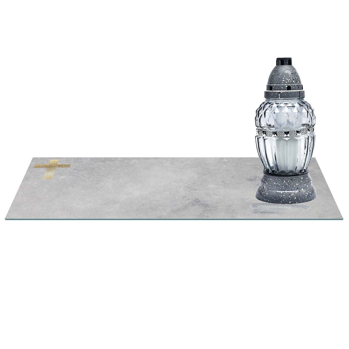 SZKLANA PODSTAWKA POD ZNICZE z dedykacją 60x20cm 570c Krzyż na tle betonu