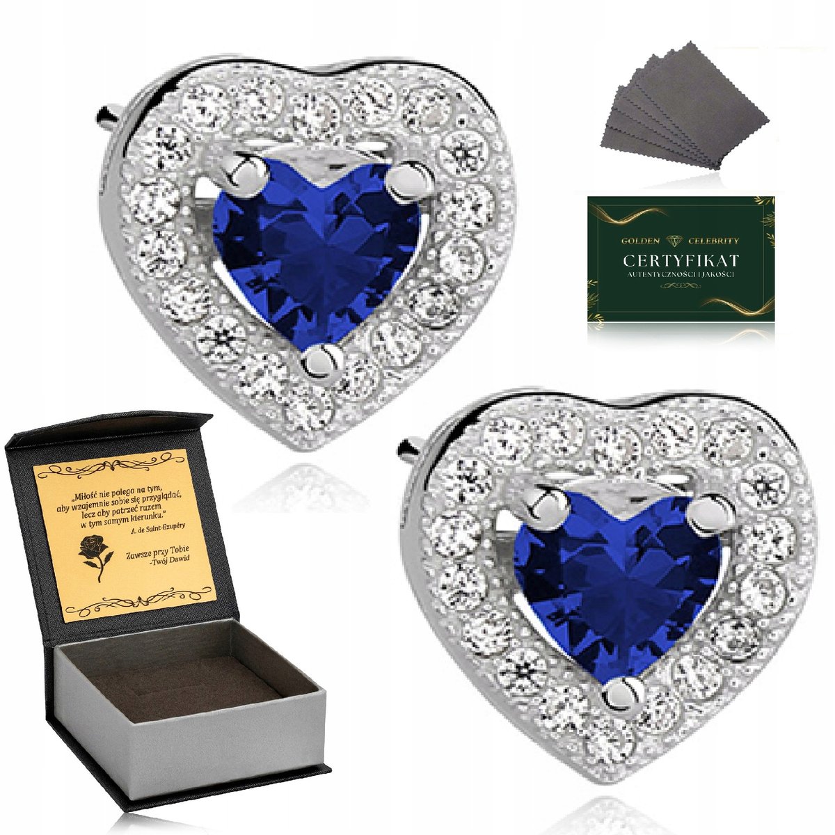 Srebrne Kolczyki Damskie 925 Granatowe Serca Z Cyrkoniami + Grawer Gratis