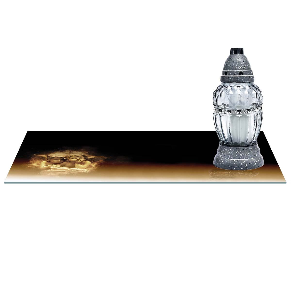 SZKLANA PODSTAWKA POD ZNICZE z dedykacją 60x20cm 553c Aniołek na czarnym tle
