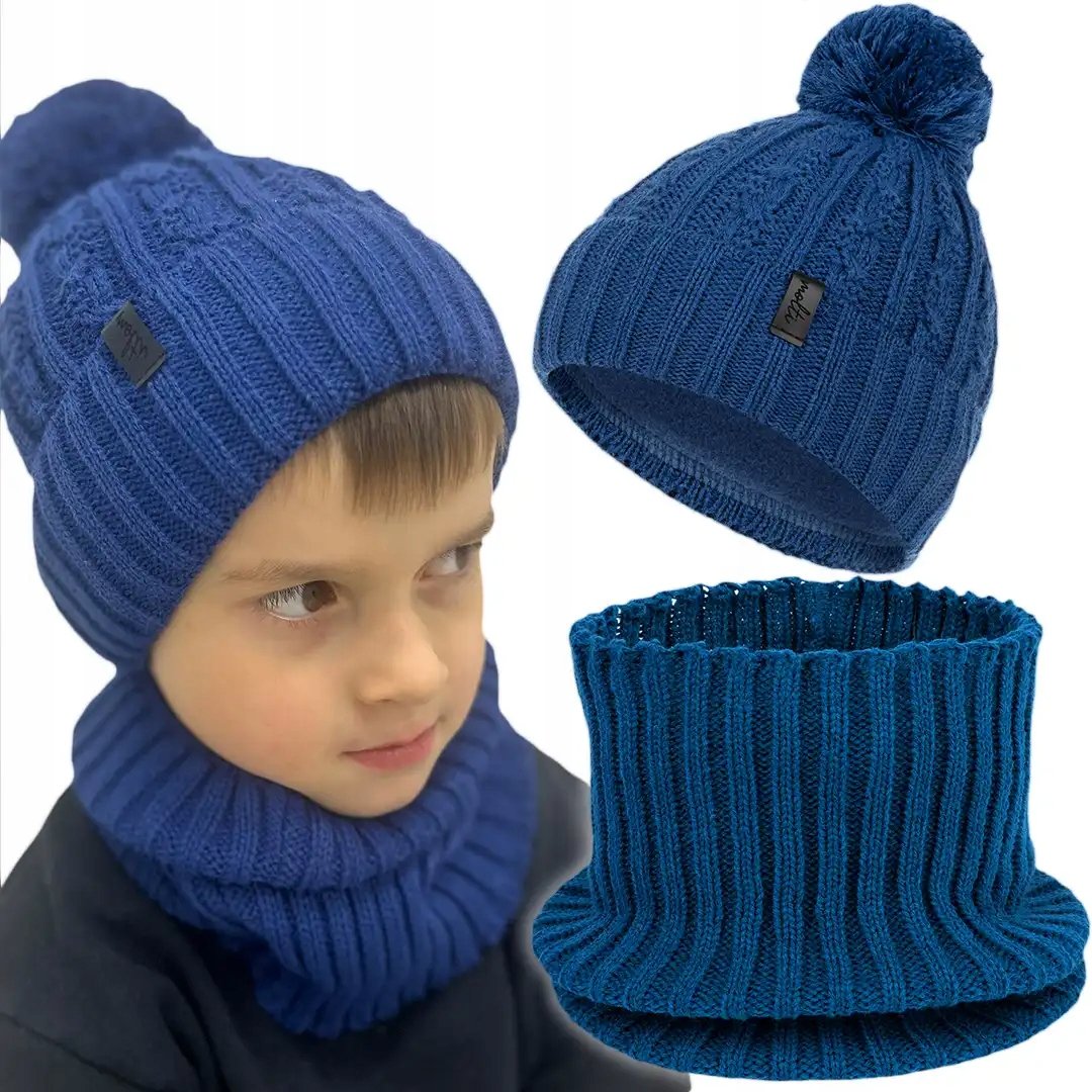 Komplet zimowy CZAPKA KOMIN dla chłopca dziewczynki POLAR z pomponem 48-50