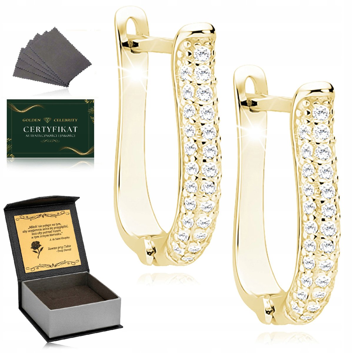 Złote Kolczyki Angielskie Z Cyrkoniami 1,5 Cm Srebro 925 Pozłacane + Grawer