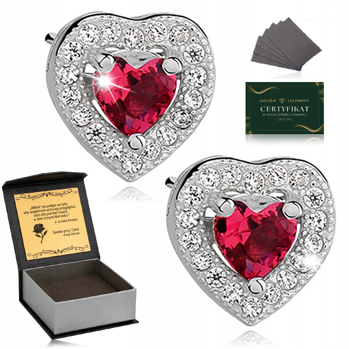 Srebrne Kolczyki Damskie Pr.925 Czerwone Serca Z Cyrkoniami + Grawer Gratis