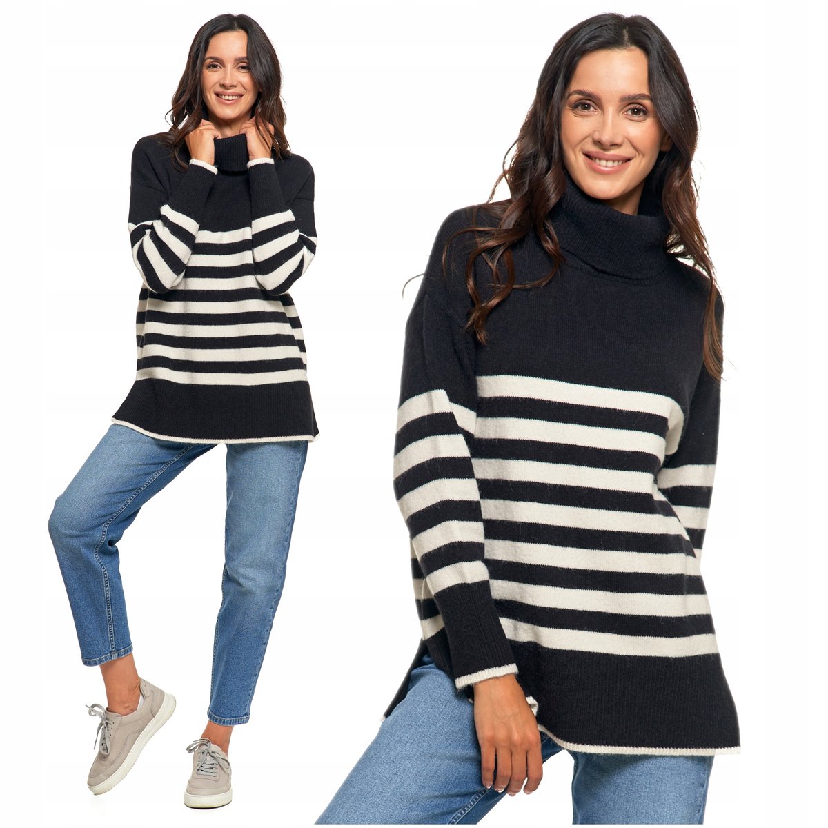 SWETER DAMSKI w Paski Golf Luźny Wygodny Beżowy Stylowy na Jesień MORAJ S