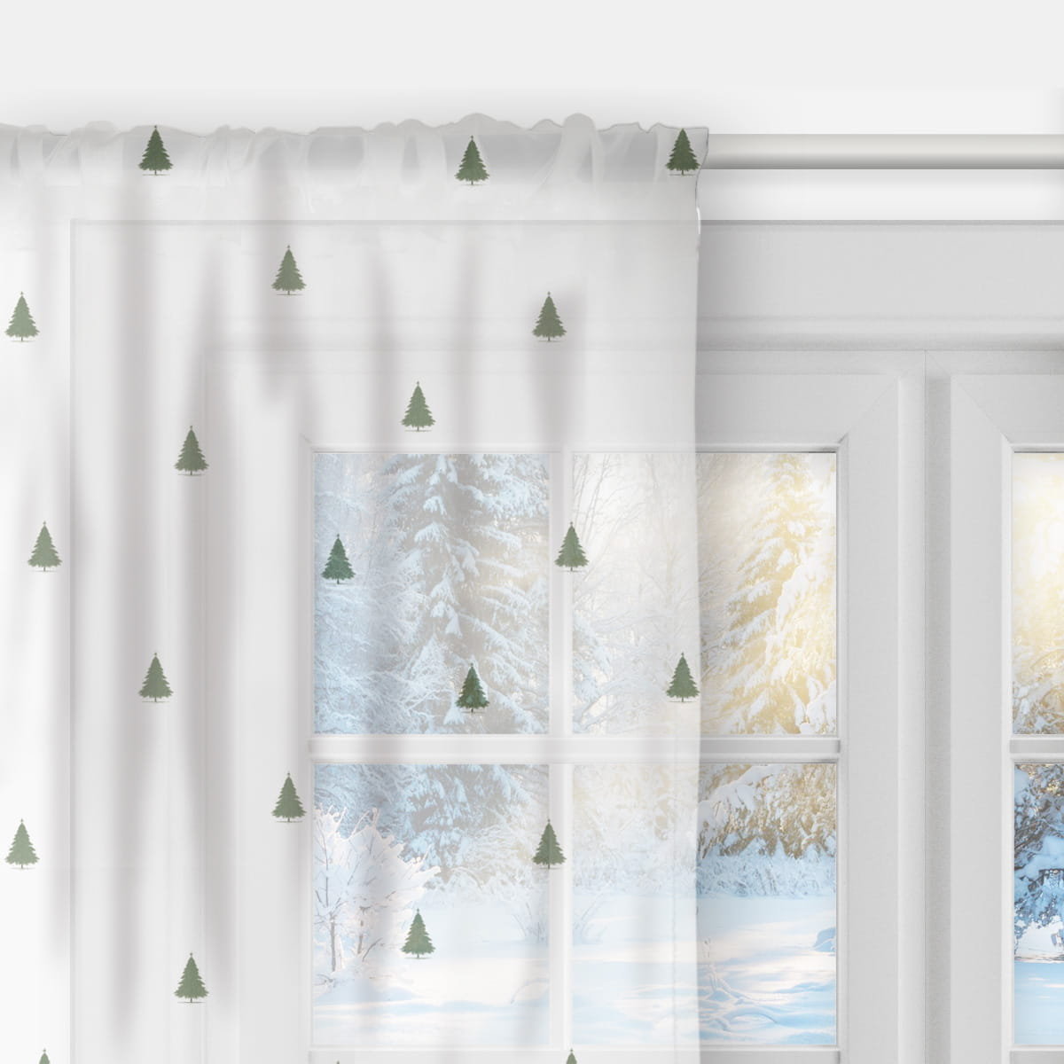 Firana XMAS wzór XM60 | Choinki na białym tle 140 x 240 cm