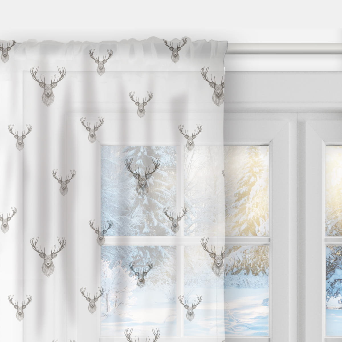 Firana XMAS wzór XM59 | Jelenie na białym tle 140 x 240 cm