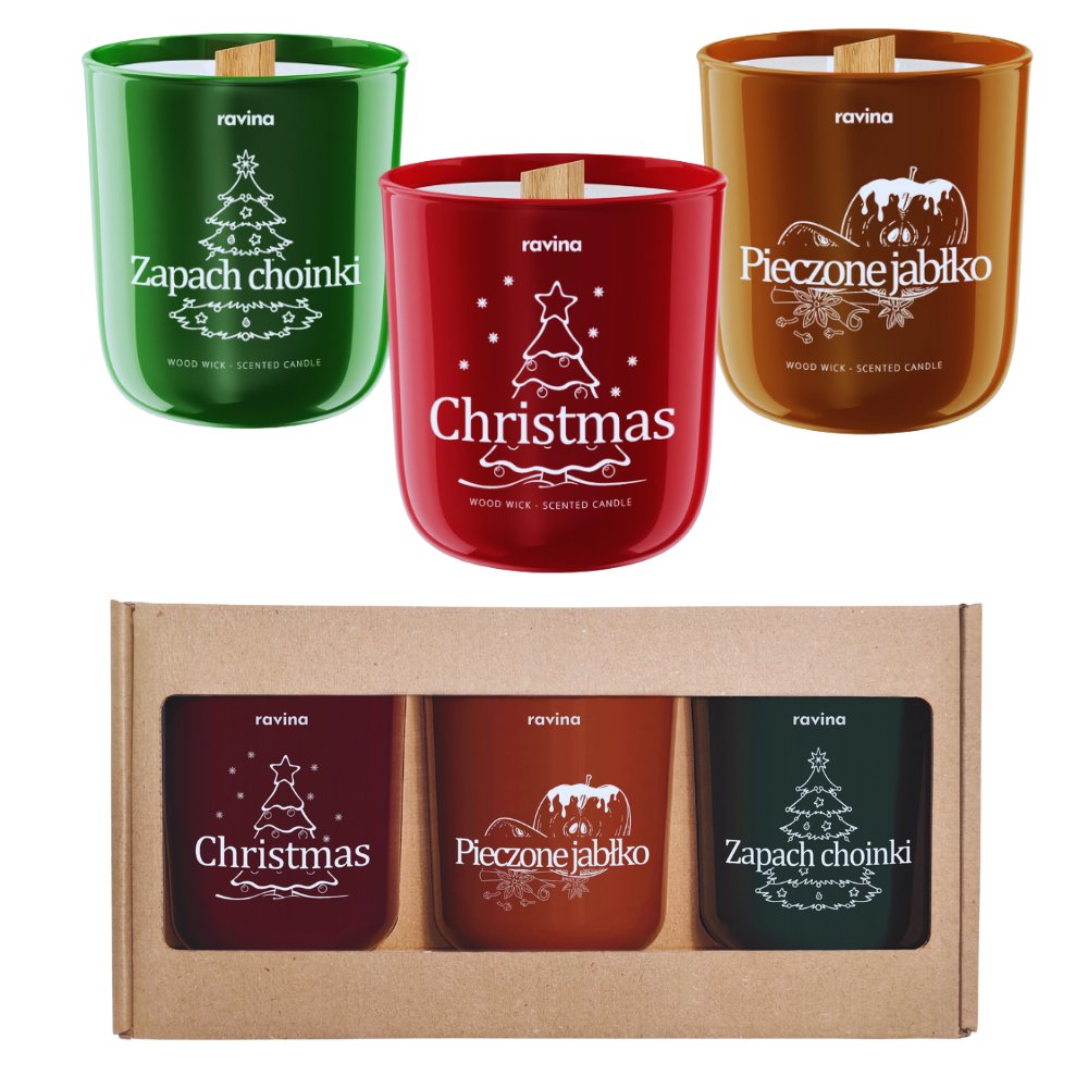 3x ŚWIECA RAVINA - ZESTAW ŚWIEC W PUDEŁKU ŚWIĄTECZNYCH NA PREZENT 3 świece zapachowe sojowe w kartonie pod choinkę Merry Christmas Wesołych Świąt Pi..